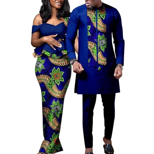 African Sexy Beading Long Dresses for Women Matching Couple Outfits Dashiki Men Clothes Shirt and Pant Sets