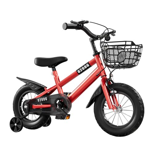 Fulluky Bicicleta infantil de 14/16 pulgadas para niñas y niños de 3 a 7 años, altura ajustable, con ruedas estabilizadoras, diseño de doble freno, regalos para niños y niñas (rojo, 14 pulgadas)
