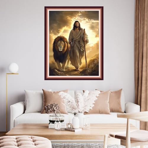 Image of Fanxvivy Stamped Cross Stitch Kits for Beginners Full Range of Cross Stitching Preprinted Embroidery Kits for Adults, 11CT Embroidery Pattern Needlepoint Kits-Jesus and the Lion 16x20 inch