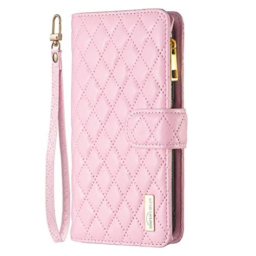 Étui en cuir pour iPhone 15 Pro Max rose avec porte-cartes et béquille