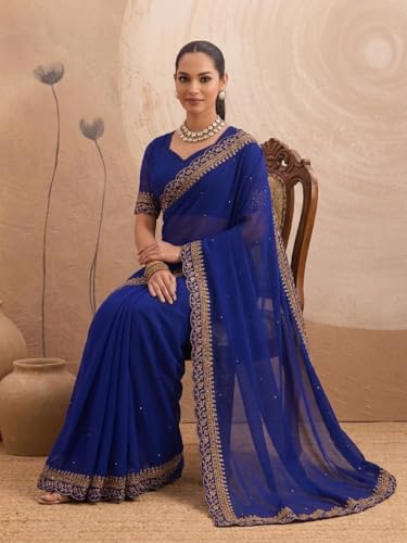 Image of Women's Georgette Embroidery Border Beads work Saree with Blouse Piece