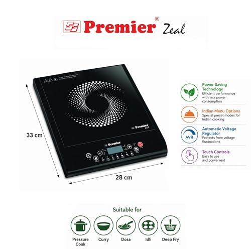 Image of Premier Zeal IC8818 Induction Cooktop 1200W | Power Saving Technology | Indian Menu Options | Automatic Voltage Regulator | Touch Controls | Suitable for Pressure Cook, Curry, Dosa, Idli, Deep Fry