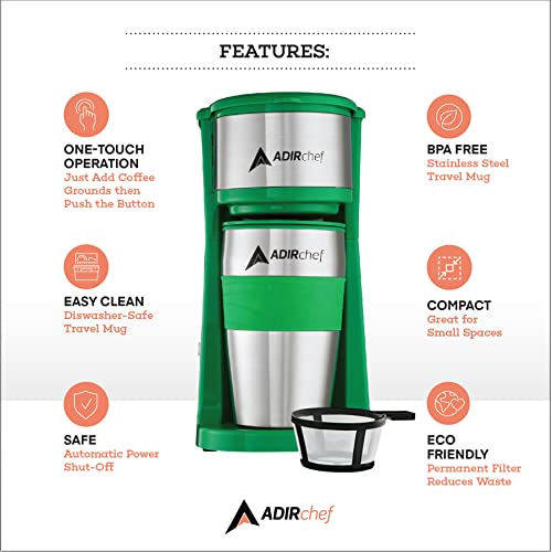 Single Serve Mini Travel Coffee Maker & 15 oz. Travel Mug Coffee Tumbler & Reusable Filter for Home, Office, Camping, Portable Small and Compact (Green)