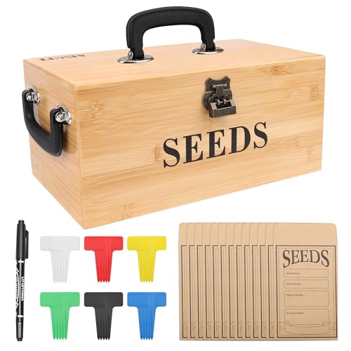 Luxiv Bamboo Seed Saving Box, Wood Seed Storage Organizer Box