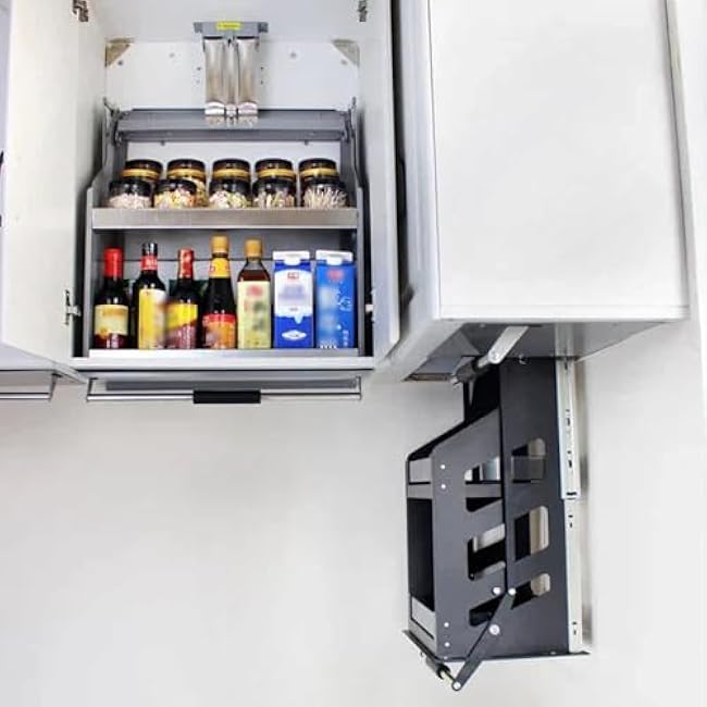 2 Tier Pull-Out Cabinet Organizer with Foam Handle, Drop Down Shelf Blind Pull-Down Dish and Spice Rack, Dual Tier Wall Mounted Pantry Storage (50cm Cabinet H 62cm)-l7UOZvK2