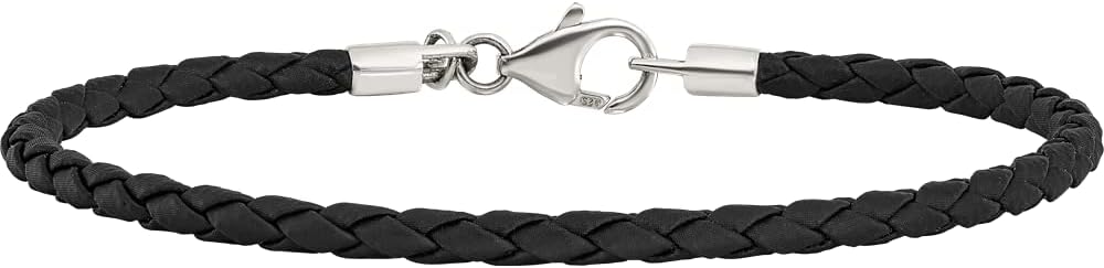 Sonia Jewels Solid 925 Sterling Silver Reflections Black Leather Bead Necklace Chain - with Secure Lobster Lock Clasp (3mm)