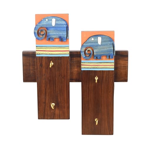 Image of AAKRITI ART CREATIONS Key Holder, Elephant Bros Key Hanger | Rustic Wood Wall Organizer with 4 Hooks | New Home Gifts | Multifunctional Entryway Decor Item