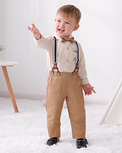 Disaur Baby Boy Clothes Suits, Toddler Dress Shirt With Bowtie + Suspender Pants Outfit Sets Gentleman Wedding 1-6 Years (Beige,12-18 Months) #TOP2