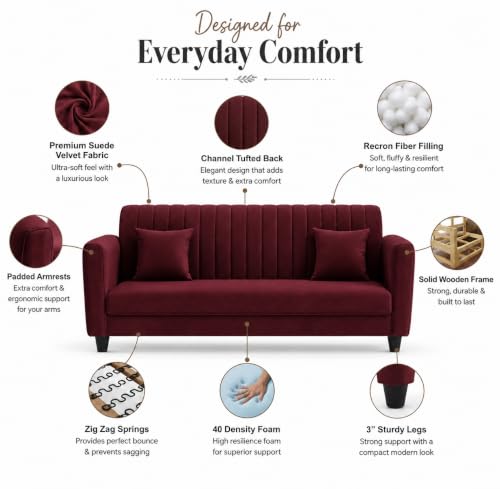 Image of MS Luxury FURNITRE Premium Luster 3-1-1 Sofa Set | 3 Seater | 5 Seater | Velvet Suede Fabric | 7 Colours with Sollid fibare Legs & 4 Cushion Free. (Maroon, 3+1+1)