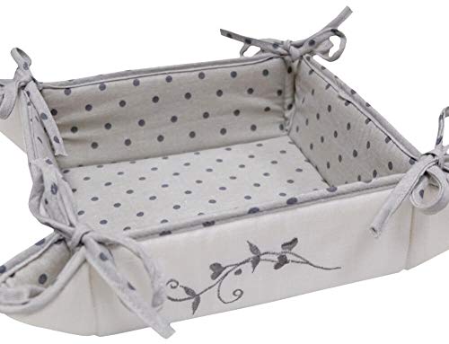 Panera de tela 35 x 35 cm – Cesta cuadrada para panecillos para atar en estilo rústico, color crema y gris claro con lunares con bordados, decorativa, sostenible, lavable, perfecta para pan, frutas o