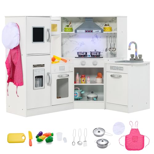 Image of Costzon Kids Kitchen Playset, 2-Piece Little Chef Pretend Cooking Toy w/Light, Sound, Washing Basin, Microwave, Blackboard, Ice Maker, Range Hood, Stove, Corner Wooden Play Kitchen for Kids 3+ (White)