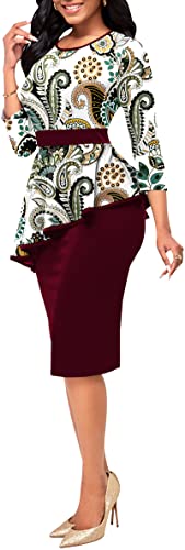 Bttup Womens African Tribal Print Pleated 3/4 Sleeve Dress Crew Neck Peplum Wear To Work Bodycon Dresses #TOP2