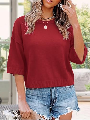 LaGracia Sweater for Women Summer Short Sleeve Oversized Cropped Sweaters Casual Crewneck Lightweight Knit Tops Bright Red S — view 3