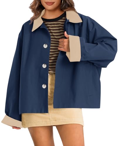 Tankaneo Womens Barn Jackets Lightweight Casual Oversized Contrast Collar Jacket Crop Trench Coat Outerwear 2025 Fall Fashion