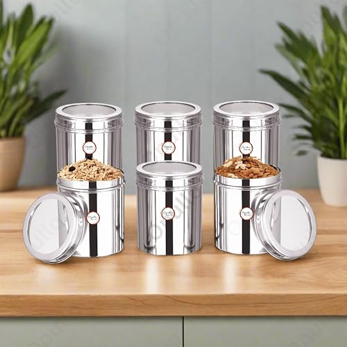 Image of Opullo Stainless Steel Top See Through Containers for Kitchen | Mirror Polished Stainless Steel Containers with Lid | Multipurpose Dabba Set for Kitchen | Pack of 6 | 1 Kgs