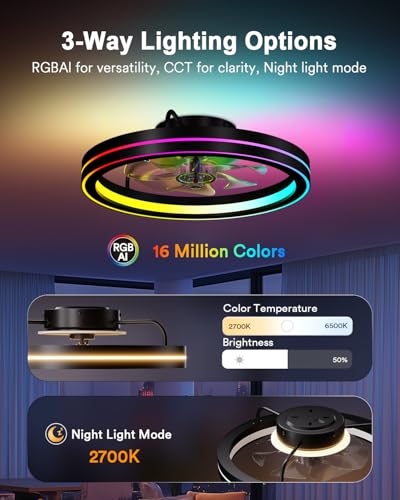 Image of Lumary Smart Ceiling Fans with Lights and Remote, WiFi & Bluetooth Low Profile Ceiling Fan with 2200K Nightlight for Bedroom, RGBAI & 42 Scenes Mode, Flush Mount Easy to Install, 5000 Lm, 19 ln Black