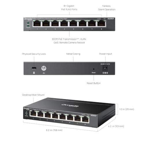 Image of TP-Link Omada 8 Port Gigabit Easy Managed PoE Switch, 65W Budget, PoE+ Compliant, Up to 250m Distance, Auto Recovery, VLAN, Loop Prevention, Fanless (ES208GP)