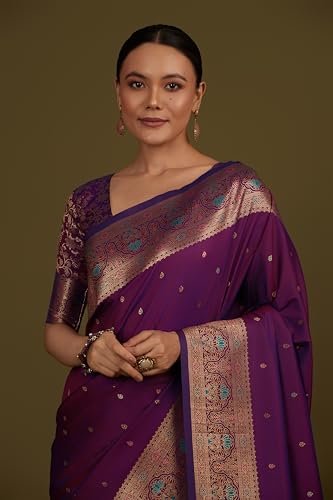 Image of Monjolika Fashion Women's Pure Kanjivaram Style Banarasi Soft Silk Saree With Blouse For Wedding