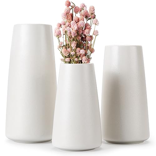 3Pcs White Ceramic Vases Set for Home Decor, Minimalism Modern Flower Vase for Table Centerpieces Living Room Fireplace Bedroom Kitchen Office Decoration.