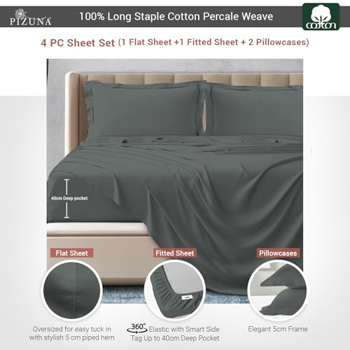 Pizuna Cotton Percale Double Bed Sheet Set Dark Grey - Image 3