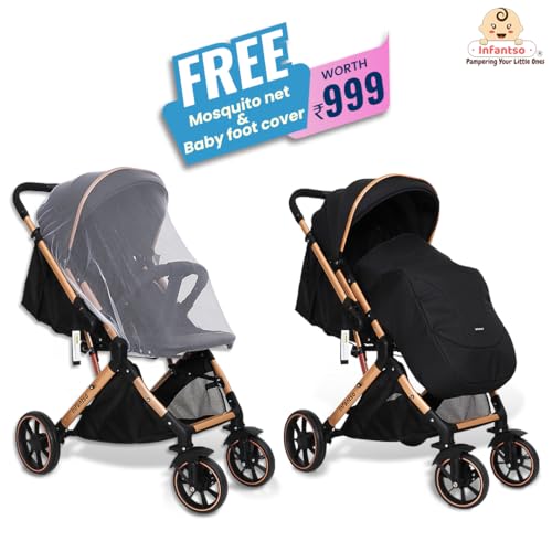 Image of Infantso GlideX Premium Baby Stroller / Pram, Reversible Handle, One-Hand Fold and 360 Rotating Wheels,, Travel Friendly, 5 Points Safety Harness, Extendable Canopy, Multilevel Recline, Adjustable Footrest, Easy Fold, Shock Absorption Wheels, for babies 0 to 3 years (GoldenBlack)