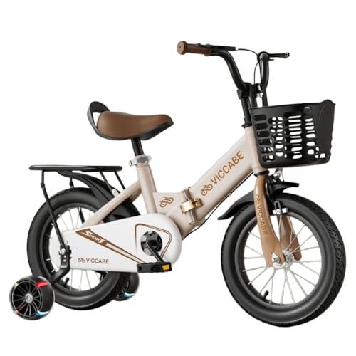 WIOLE子ども自転車 幼児用車 おしゃれ 子供折りたたみ自転車 高さ調節可能 12 14 16 18インチ 補助輪付き ダブルブレーキ 滑り止め カゴ付 キックスタンド 向けバスケット付き 組み立て簡単 ジュニア用 でキッズ自転車 (カーキ+後部座席,1