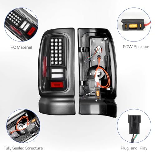 LED Tail Light Fit for Ram 1500 1994-2001, Fit for Ram 2500 3500 1994-2002, Rear Brake Lamp Taillight Assembly, Black Housing Clear Lens - Image 4