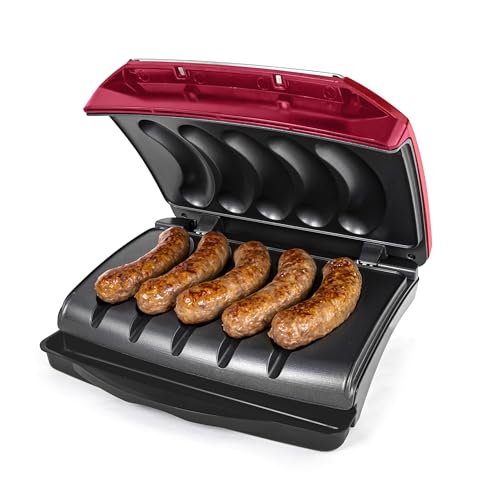 Nostalgia Game Day Sausage and Brat 5 Link Electric Grill with Oil Drip Tray, Carry Handle, and Cord Storage, Cooks Beef, Turkey, Chicken, Veggie Sausages, or Hot Dogs