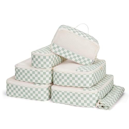 Narwey 7 Set Checkered Packing Cubes for Travel Carry on Suitcase Luggage Organizer Bags for Kids Women Men, Durable Packing Organizers Bag, Travel Essentials Accessories (Mint Green Checkerboard)