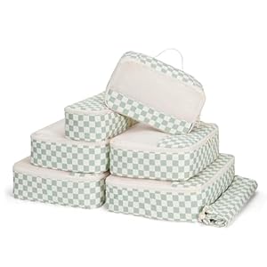 Narwey 7 Set Checkered Packing Cubes for Travel Kids Women, Durable Packing Organizer Bags for Carry on Suitcase Luggage Travel Essentials Accessories (Mint Green Checkerboard)