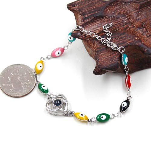 Image of 100 Languages I Love You Projection Heart Charm Evil Eye Chain Bracelet Adjustable Good Luck Jewelry Valentine's Day Anniversary Birthday Protection Gift for Women Mom Wife
