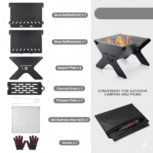 Image of Barbeque Grills - Foldable Charcoal Barbeque, Camping Fire Pit, Portable Fire Pit for Camping, 2 in 1 Wood Burning Fire pit Grill with Detachable Cooking Grate for Outdoor BBQ, with Carry Bag