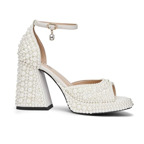 Women's open-toe pearl high-heeled sandals Chunky Buckle Ankle Strap Wedding Heeled Sandals Dress Evening Bride Shoes2