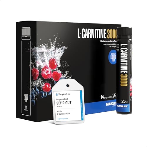 Maxler L-Carnitine 3000 - Blaubeere-Himbeere - 14x25ml - Hochdosiertes L Carnitin Liquid - Vegane Nahrungsergänzuing - 3000mg Wirksotff pro Portion - 14 Portionen