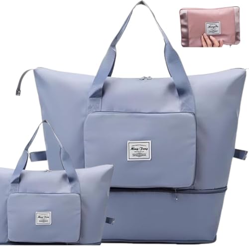Bolsa de Viagem Dobrável Expansível Grande Impermeável Tote Bag Multiuso (COM bolso na frente, AZUL CLARO)