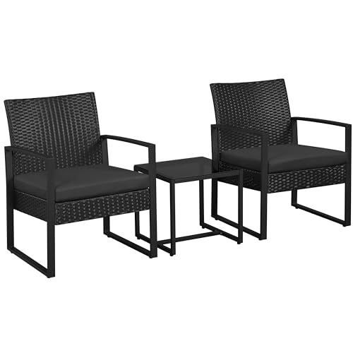 Yaheetech Set Mobili da Giardino in Poly Rattan 2 Sedie e Tavolino da Balcone con Cuscini Esterno Interno Nero