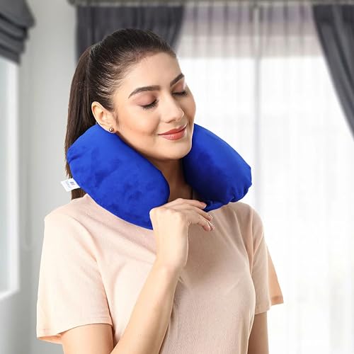 Image of Memoir MEMORY FOAM U-NECK TRAVEL PILLOW Neck Support, Color Blue Round Shape Travel in Aeroplane | Car | Train | Bus, for Men and Women, Soft Velvet Cover, Durable Long Lasting, Skin Friendly