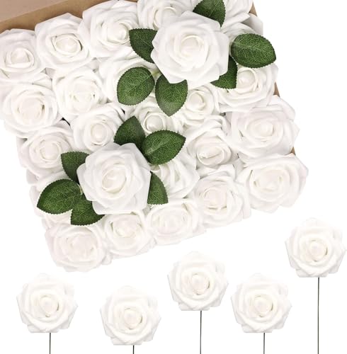 N&T NIETING 50 Pièces Roses artificielles, Toucher réel Fleurs Artificielles- Latex Faux Roses pour Bouquets de Mariage, Centres De Table Bridal Shower Home Party DIY...