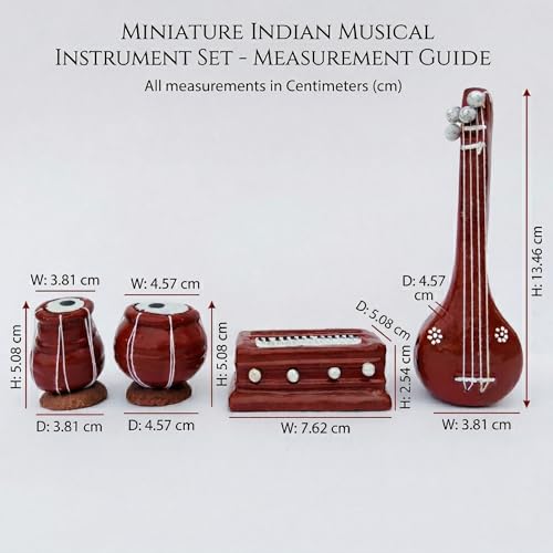 Image of Classic Terracotta Clay Miniature Musical Instruments Combo | Handmade Clay Tabla Veena Harmonium Showpiece for Home Decor, Return Gift, Table Decoration, Indian Handicraft