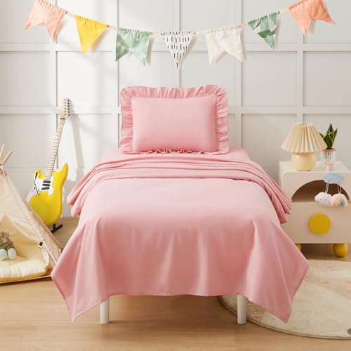 Image of KKJIAF 3 Piece Toddler Sheet Set Microfiber, Includes a Flat Sheet, a Fitted Sheet and a Ruffle Pillowcase, Light Pink