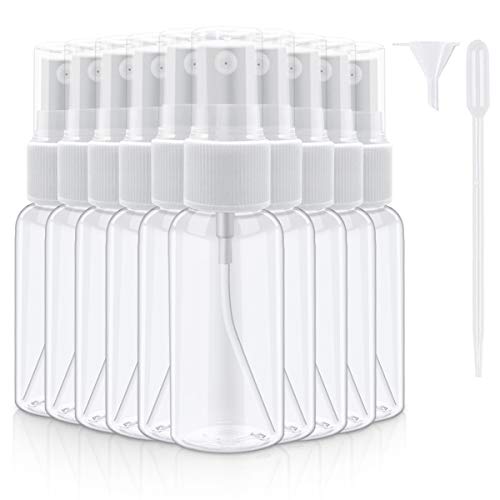 10 Pcs Plastic Clear Spray Bottles 2oz/50ml,Refillable Liquid Containers Portable Travel Bottle with Fine Mist Sprayer & Funnel,Dropper Dust Cap For Cleaning Products Misting Cosmetic Essential Oils