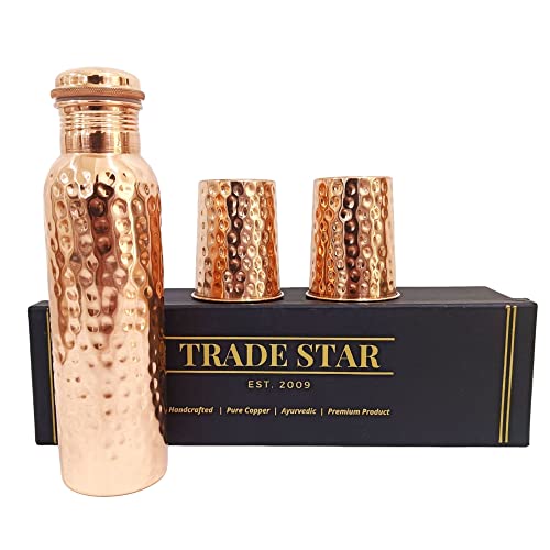 Trade Star 34 Oz Pure Copper Water Bottle for Drinking with 2 Copper Glass Ayurvedic Premium Quality Handcrafted Large Hammered Copper Vessel and Glass Set