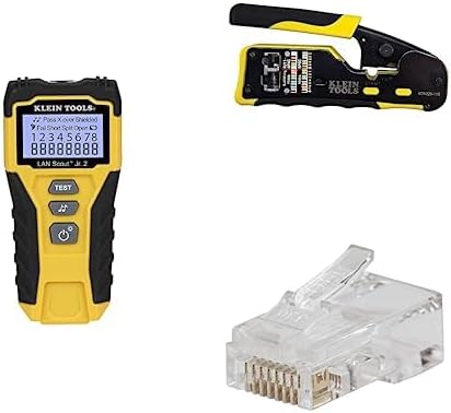Klein Tools Kit de probador de cables RJ45 con LAN Scout Jr. 2, herramienta coaxial crimpadorpeladoracortador y enchufe de datos modular de paso