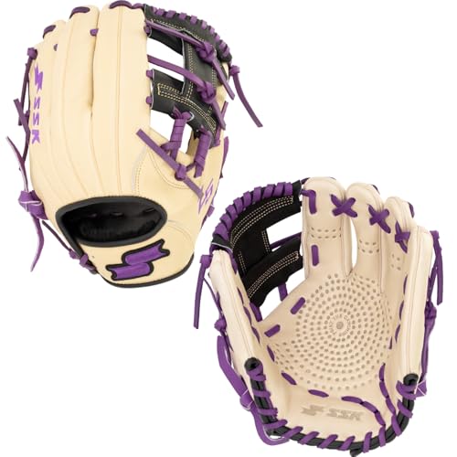 SSK Z5 Craftsman Infield Baseball Glove – 11.25” - 11.5” - 11.75” - 12” – Right & Left Hand Throw (Camel/Black/Purple, 11.5" - Left Hand Throw)