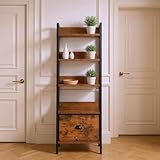 FurnitureR 4-stöckiges Leiterregal 42x29x110 cm mit Stoffschublade, Holzablagen & 20 mm Metallrahmen, 7,5 cm Rückwand, Schmales Konsolentisch-Design für Wohnzimmer im französischen Landhausstil