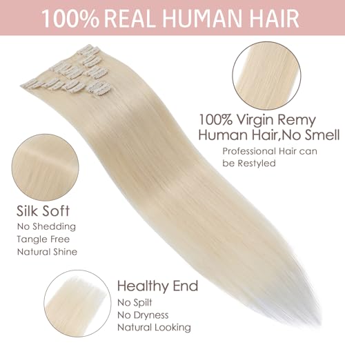 Silk-co Hair Extensions Clip in Hair Extensions 10inch Real Human Hair 100% Remy Straight Hair Extension #70 Bleach White -Basic Thickness-Thin Weft- 8 Pcs 50g - Image 4