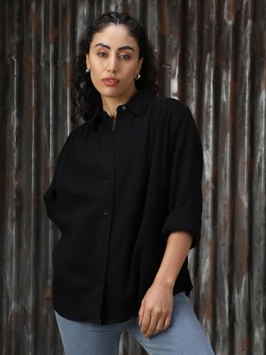 Image of High Star Women Cotton Solid Oversized Fit Casual Collar Full Sleeves Shirts