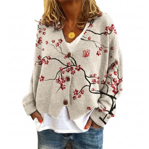 Women's Grey Red Plum Blossom Embroidery V-Neck Cardigan – Elegant Chinese Style Casual Knit Floral Top