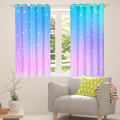 Galaxy Blackout Curtains Ombre Glitter Curtains For Kids Girls Boys Women Bedroom, Tie Dye Rainbow Gradient Window Curtains 42"Wx63"L Starry Sky Pastel Sparkle Window Treatments 2 Panels, Blue Pink #TOP4