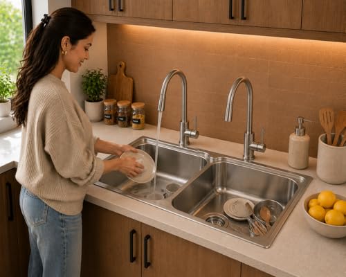 Image of Stainless Steel Kitchen Sink 45x20 Inch | Double Bowl Kitchen Sink | With Stainless Steel Waste Coupling & PVC Pipe | Heavy Gauge & Corrosion Resistant